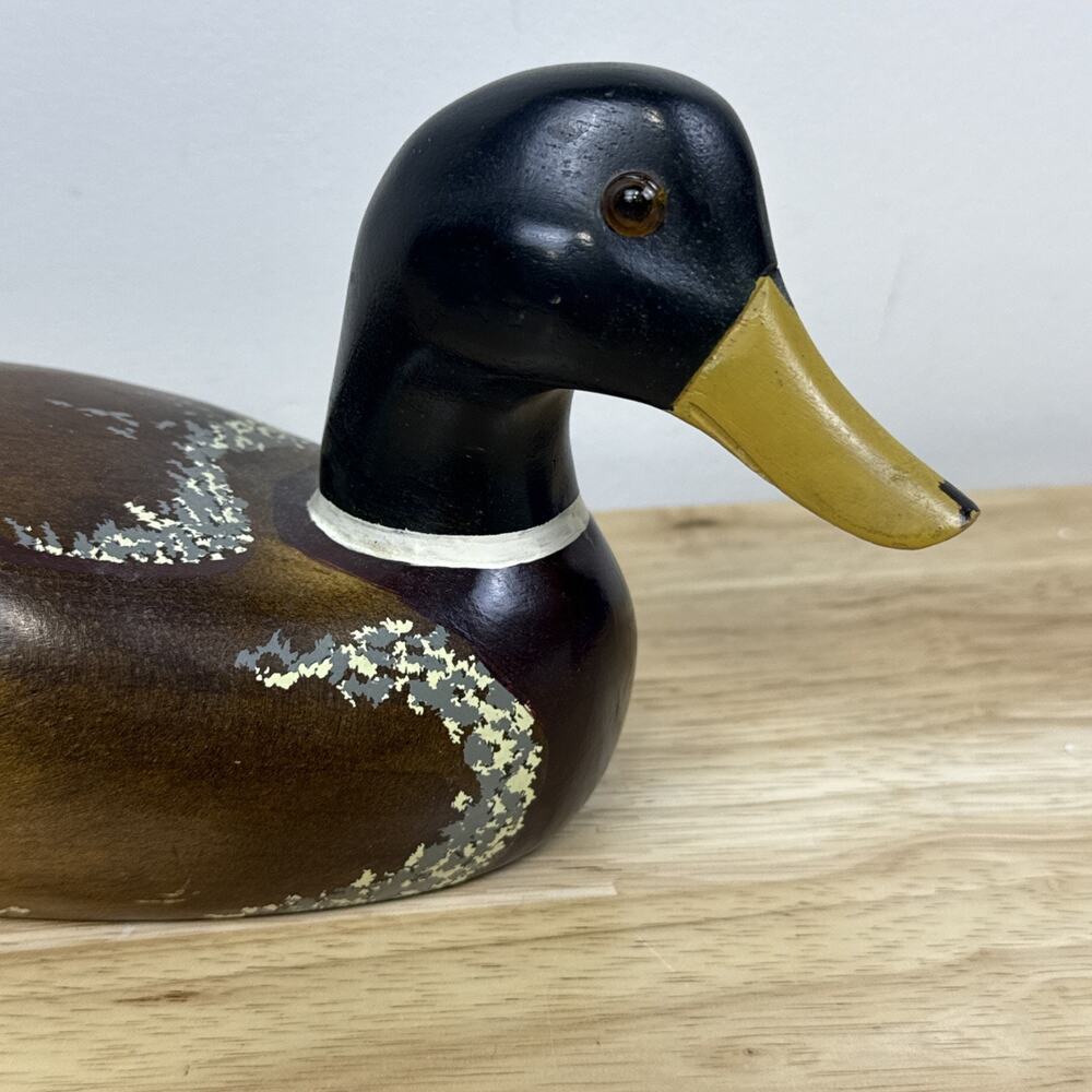 Wood Carved Mallard Duck Decoy Hand-painted Smooth Glossy Unmarked 10” - Picture 3 of 8